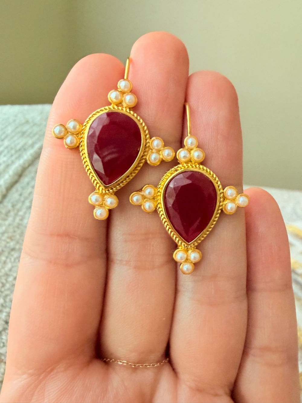 Gold Teardrop Pearl Accent Earrings in Deep Ruby Red - Picture 5 of 7